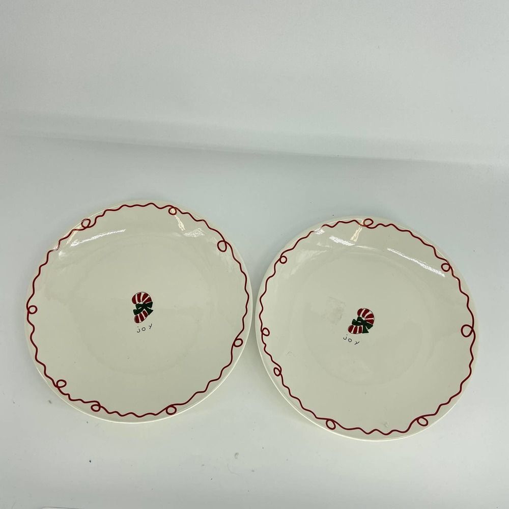 Pottery Barn Minimal Christmas Winter Joy Candy Cane Plate Set of 2 - Picture 2 of 3